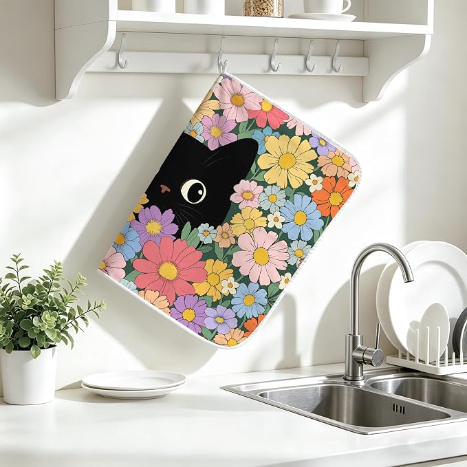 Black Cat Floral Dish Drying Mat for Kitchen Counter Coffee Bar 18x24 in | Non Slip Absorbent Kitchen Dishes Drainer Mat, with Anti-slip Rubber Backing & Hanging Loop, Decor for Sink, Cat Theme Gifts - Image 7