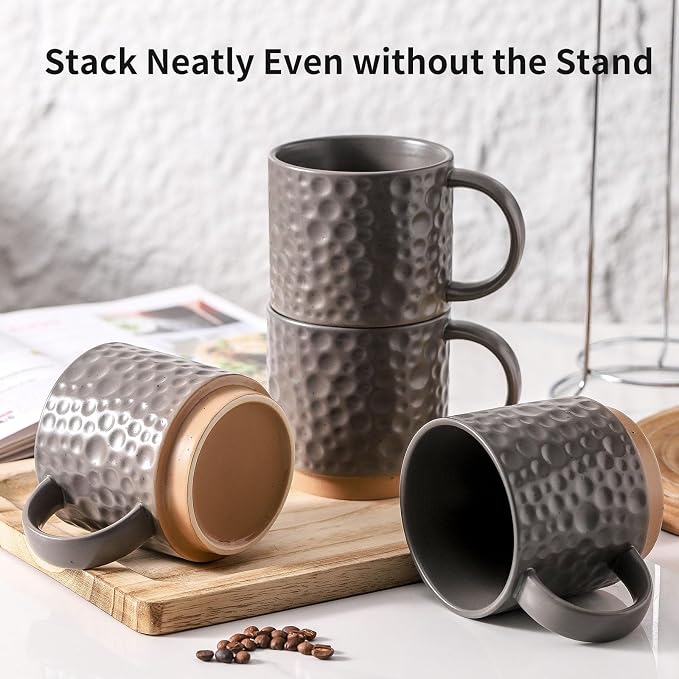 Nihow 16 Oz Ceramic Coffee Mug Set of 4 with Stackable Stand,Matte Gray | Stackable, Stainless Stand Included, Cappuccino & Tea, Hot/Cold Drinks, Dishwasher & Microwave Safe - Image 6