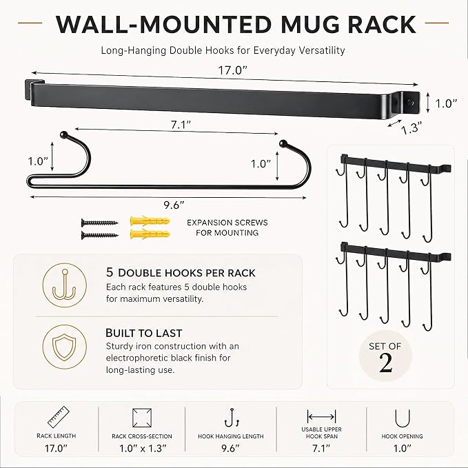 17" Coffee Mug Hook Rack Wall Mounted Set of 2 | Black Metal Tea Cup Holder Hanger Organizer 10 Hooks, Kitchen Rail Utensil Rack for Dining Room Coffee Bar - Image 3