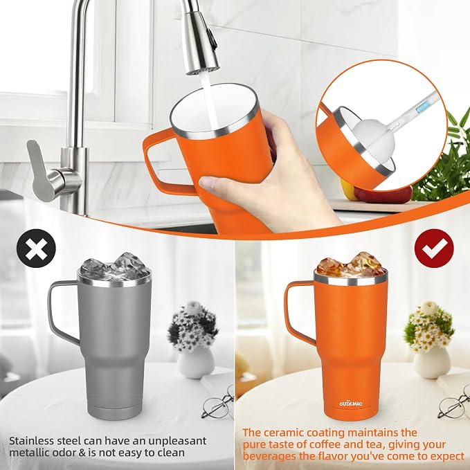 20 oz Insulated Coffee Mug with Ceramic Coating, Stainless Steel Travel Mug Tumbler with Handle Lid and Straw, Double Wall Leak-Proof Coffee Travel Mug Keeps Drink Hot and Cold (Orange) - Image 5