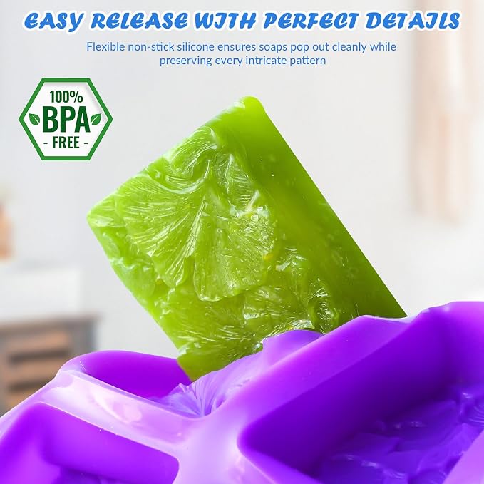HKNMTT Silicone Square Rectangle Bar Molds 3D Leaf Flower Pattern, 8 Cavities for Soap Making Shower Steamer Homemade Bath Lotion Shampoo Bar DIY Set Non-stick Craft Food Grade 2 Pack - Image 4