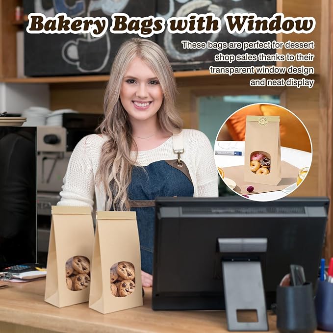 100Pcs Cookie Bags Bakery Bags with Window，Brown Kraft Paper Bags with Tin Tie Tab Lock，108 Labels Treat Bags for Homemade Cookies, Pastries, Coffee Bean, Goodies(9.8"x4.7"x2.6") - Image 2