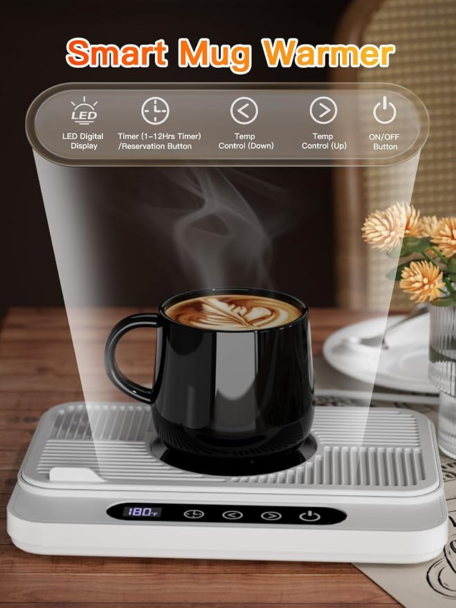 Misby Mug Warmer, 50W Large Heating Panel Coffee Mug Warmer with 6-Temp Settings, 8H Auto Shut-Off, 12H Timer, Ultra-Thin Design, Coffee Cup Warmer for Desk, Ideal for Home, Office, Travel (White) - Image 5