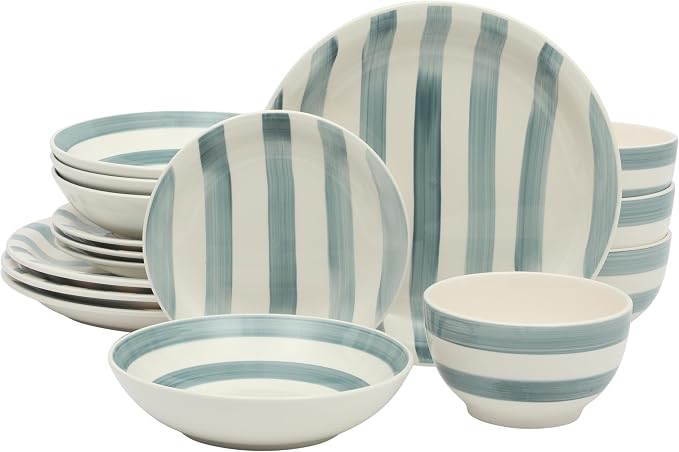 Gibson Home Kenwood Shores 16 Piece Dinnerware Set, Blue Striped, Hand-Painted Stoneware Dishes, Plates and Bowls, Service for 4, Microwave & Dishwasher Safe by GibsonHomewares