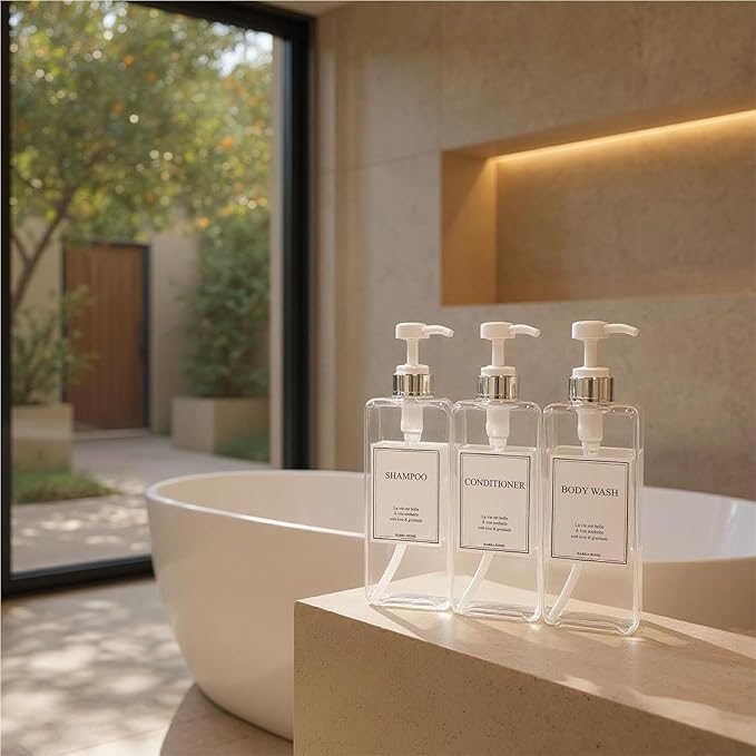 Modern Design Large 27 oz Shampoo and Conditioner Dispensers - Plastic Refillable Pump Bottle Set for Bathroom Shower Soap Dispenser, Includes 6 Waterproof Labels, Set of 3 (Clear & Silver)