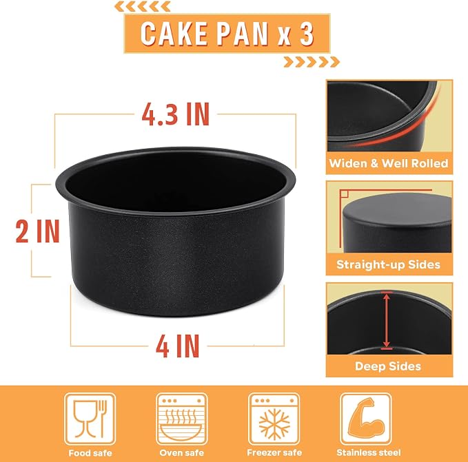 E-far 4 Inch Cake Pan Set of 3, Nonstick Stainless Steel Mini Round Cake Pans Tin, Small Size for Baking Smash Cakes/Cheesecake, Stainless Steel Core & Non-toxic Coating, Straight Side & 2 Inch Deep - Image 7