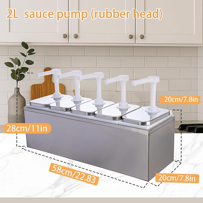 10.57 Quart Condiment Dispenser Pump,Syrup Pump Dispenser with Measuring Cup, Large Capacity Detachable Leak-Proof Design for Sauce, Honey, Syrup,Soy Sauce,Mustard,Cheese (2.11 QT, 5 pumphead)