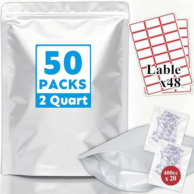 Mylar Bags 2Quart 50PCS 8"X12" for Food Storage with Oxygen Absorbers&Labels,10Mil Thick Resealable Zipper&Heat Seal Stand Up Pouches for Packaging Long Term,Dried Food,BPA Free by HomePage