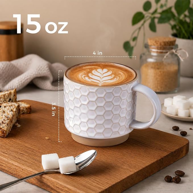 GBhome 15 OZ Stackable Coffee Mugs Set of 4, Ceramic Coffee Cups Set | 4 Assorted Designs, Embossed Mugs with Texture Patterns for Tea/Coffee, Dishwasher&Microwave Safe, Off White - Image 3