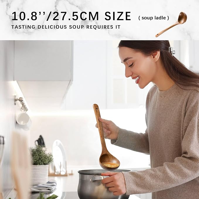 Wooden Spoons for Cooking, 5-Piece Acacia Wood Cooking Utensil Set | Spoons and spatulas stir, mix, flip and serve; balanced handles offer control while staying gentle on nonstick cookware. - Image 3