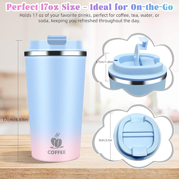 17oz Insulated Travel Coffee Mug with Flip Lid – Leakproof Stainless Steel Insulated Coffee Tumblers, Reusable Coffee Cup for Hot & Cold Drinks, Perfect for Camping & On-the-Go - Image 2