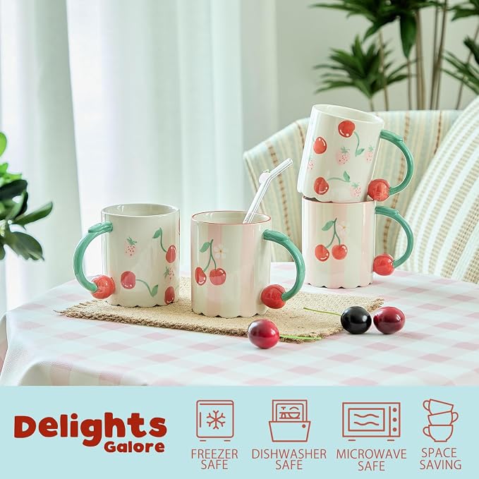 15oz Hand Painted Mug with 3D Cherry Handle - Strawberry & Cherry Pattern. Lead-Free, Microwave/Dishwasher Safe. Aesthetic Coffee Tea Cup Gift for Women & Girls-4pack - Image 3