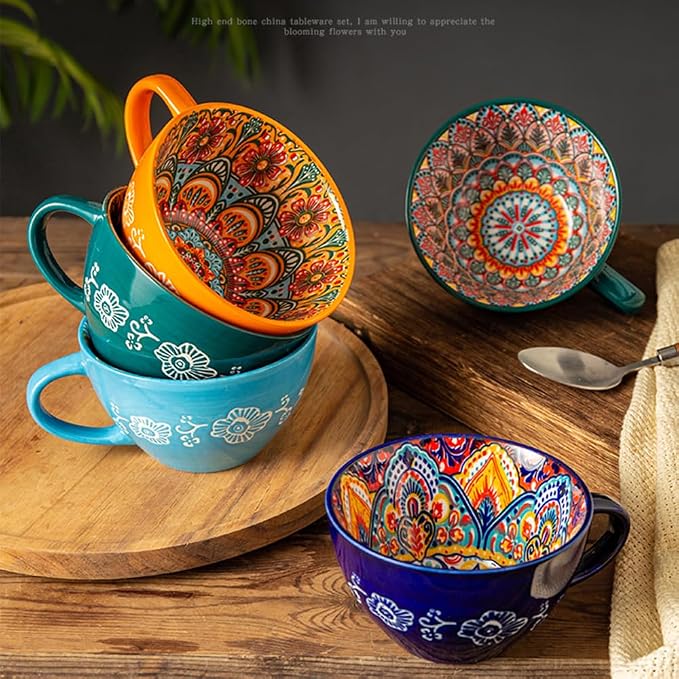 Bohemian Hand-Painted Ceramic Mug, 15 Oz Large Coffee Cup for Milk, Tea, and Breakfast, Dishwasher & Microwave Safe Artisan Cup, Navy Blue - Image 8