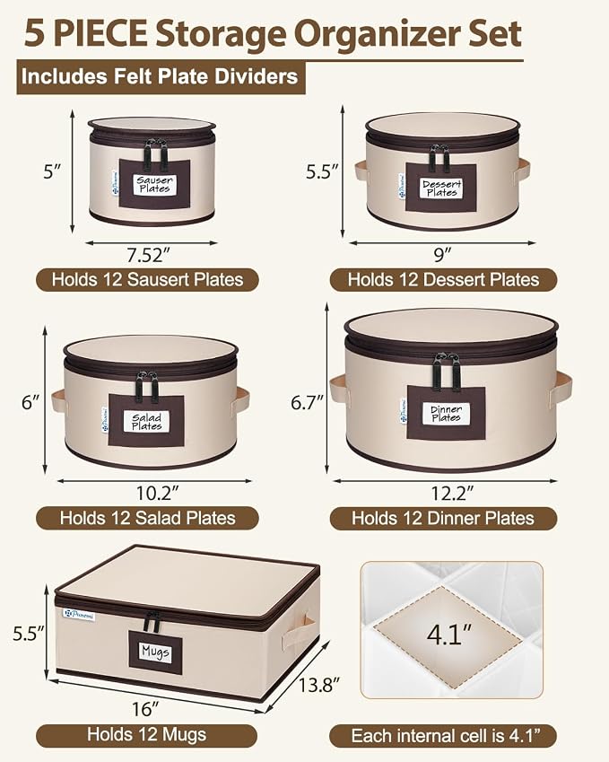 punemi 6-Piece Hard Shell China Storage Containers with Dividers, Stackable Dinnerware Storage Boxes for Plates, Mugs & Cup Organizer, Wine Glass Storage Boxes, Moving Boxes for Stemware, Beige - Image 2