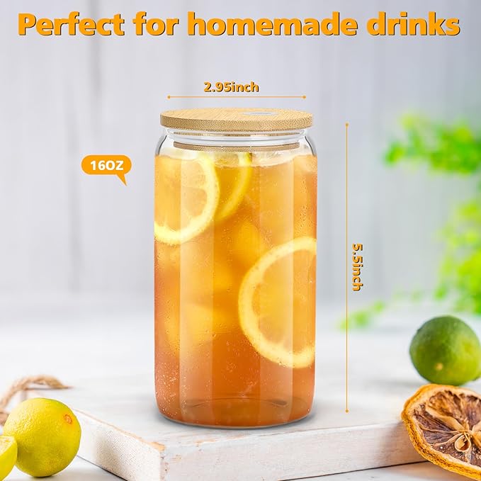 sungwoo 12PCS Glass Cups with Bamboo Lids and Straws, 16OZ Ice Coffee Cup, Drinking Cup set with Wooden Lids, Home Essential Glass Tumblers for Beer, Cocktail, Tea and Latte Clear