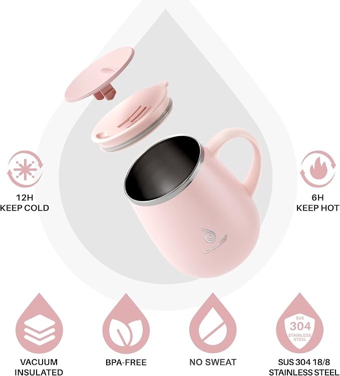 Ideus 16 oz Insulated Coffee Mug with Handle and Lid, Double Wall Stainless Steel Vacuum Thermal Coffee Mug, Travel Coffee Cup Thermal Cup for Home and Office, Sakura Pink - Image 2