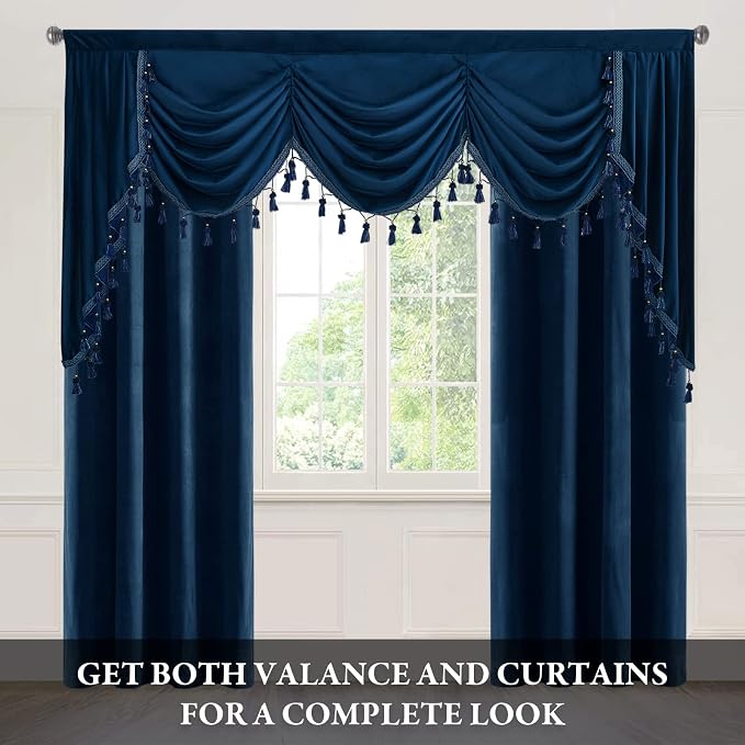 Navy Blue Waterfall Velvet Curtain Valances W79 inches, 1 Panel | Super Soft Velvet Fabric, Waterfall Swag Valances for Kitchen, Living Room, Extra Wide Room Divider Curtains for Dining Room - Image 2