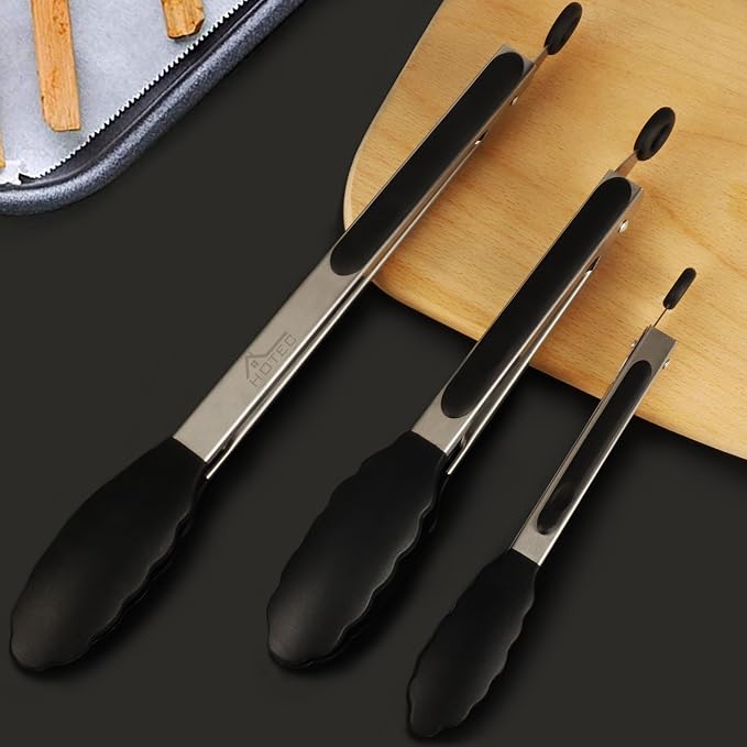 HOTEC Premium Stainless Steel Locking Kitchen Tongs with Silicon Tips, Heat Resistant Cooking Tongs Set of 3-7", 9" and 12", Black - Image 7