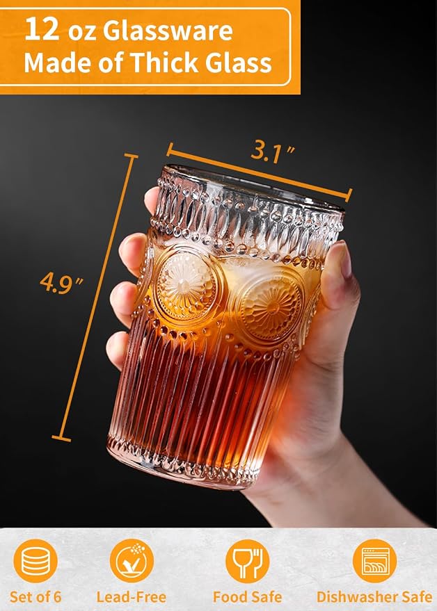 Loivttvv 6pcs Vintage Drinking Glasses Set, 12 oz Clear Highball Glasses, Embossed Ribbed Glassware Cups for Cocktail, Water, Juice, Coffee, Whiskey - Image 2