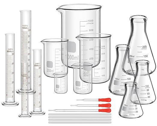 Frienda 20 Pcs 50/100/250/500/1000ml Lab Glassware Beaker Set Include Graduated Cylinder, Glass Beaker Set, Glass Dropper, Stirring Rod, Measuring Cups for Laboratory Science Chemistry Supplies by Frienda