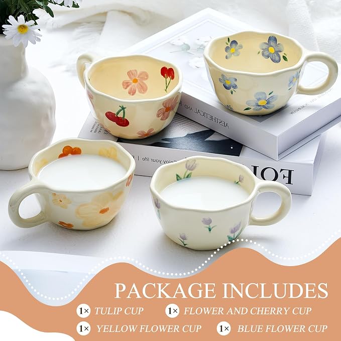 Vesici 4 Pack Ceramic Flower Coffee Mug with Spoon 8.5 oz, Cute Aesthetic Tea Cups with Handle for Tea, Milk, Latte Mugs for Coffee Bar Women Birthday Housewarming Gifts, Dishwasher Microwave Safe - Image 3