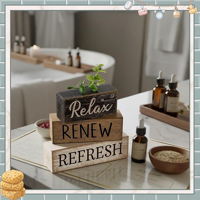 Moucuny 4 Pcs Bathroom Shelf Decor Sign Farmhouse Bathroom Decor and Accessories Rustic Eucalyptus Leaves Block Sign Gift Relax Renew Refresh Farmhouse Table Centerpiece for Home Office Toilet - Image 7