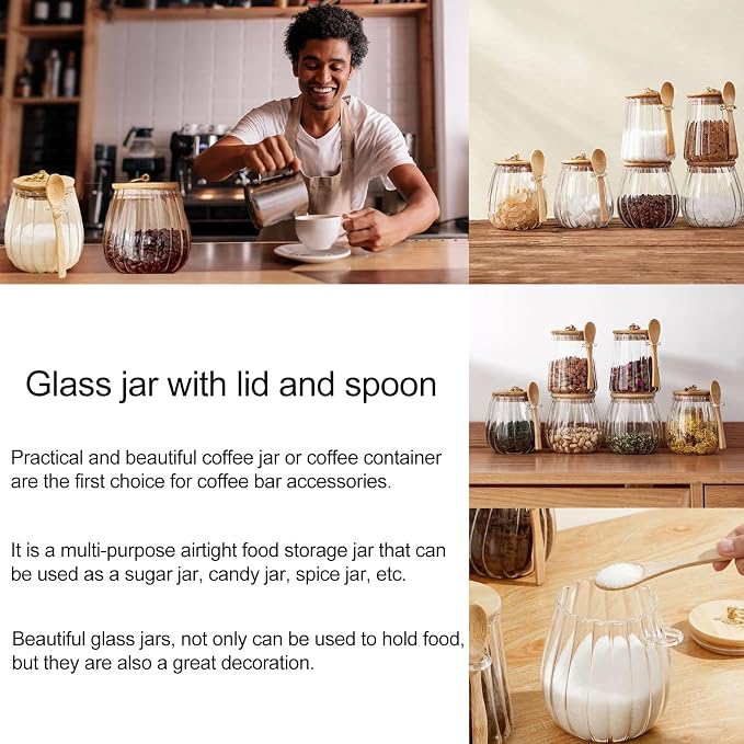 CNWSGEM Sugar Bowls Sugar Container 25.36 FL OZ Glass Coffee Canister Airtight Food Storage Jar with Lid and Spoon Candy Jar Coffee Bar Accessories Storage Beans Powder (Oval) - Image 3
