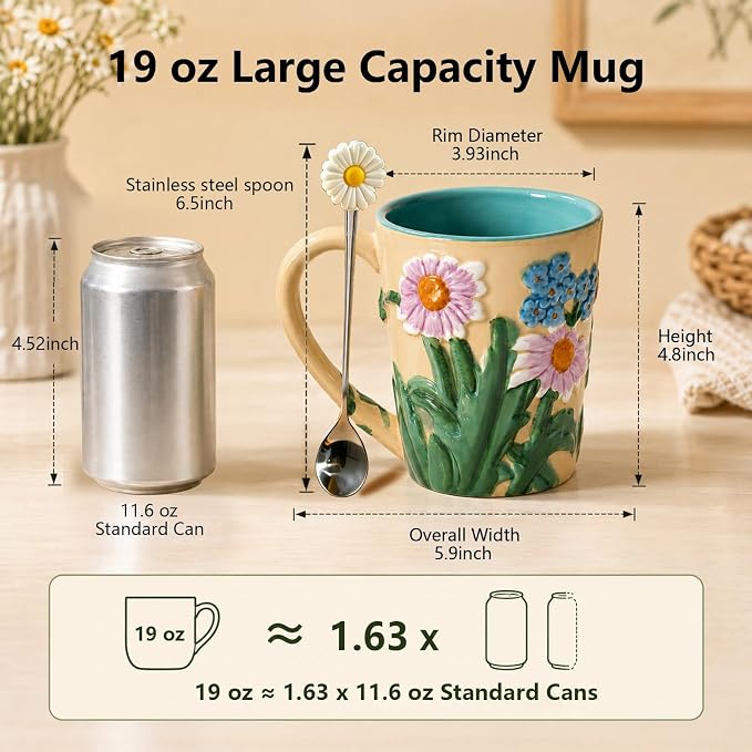 Ceramic Coffee Mug, 19 oz Large Floral Mug with Lid, Novelty Hand-Painted Mugs with Handle & Spoon, Dishwasher & Microwave Safe Cups for Coffee, Tea, Cocoa, Birthday Housewarming Wedding Gift - Beige - Image 3