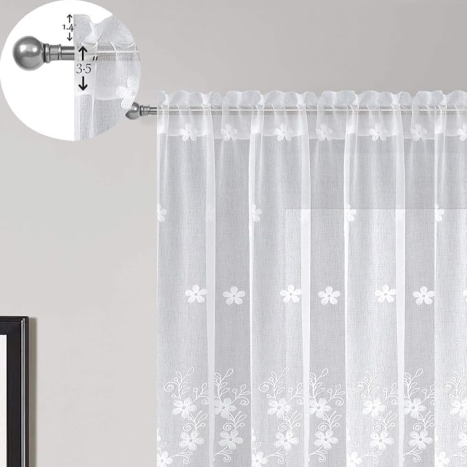 Semi-Sheer Elegant Embroidered Solid White Rod Pocket Window Curtains/Drape/Panels/Treatment 54 x 84,Two Panels - Image 4