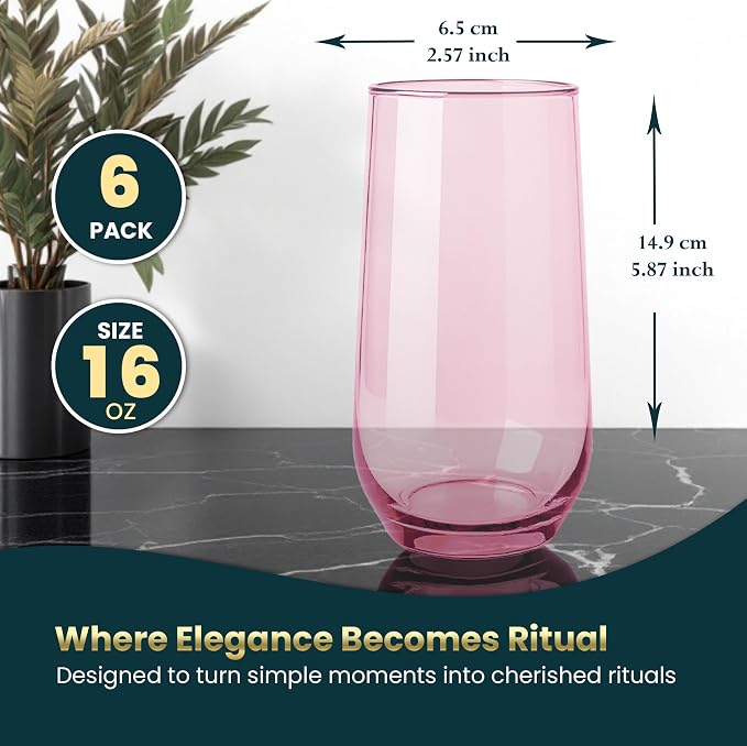 Pink Drinking Glasses Set of 6 | Translucent Rose Glassware | 16 oz Blush Pink Glass Cups | Highball Drinkware for Cocktails, Long Drink, Mojito, Juice, Soda | Modern Pastel Drinkware - Image 2