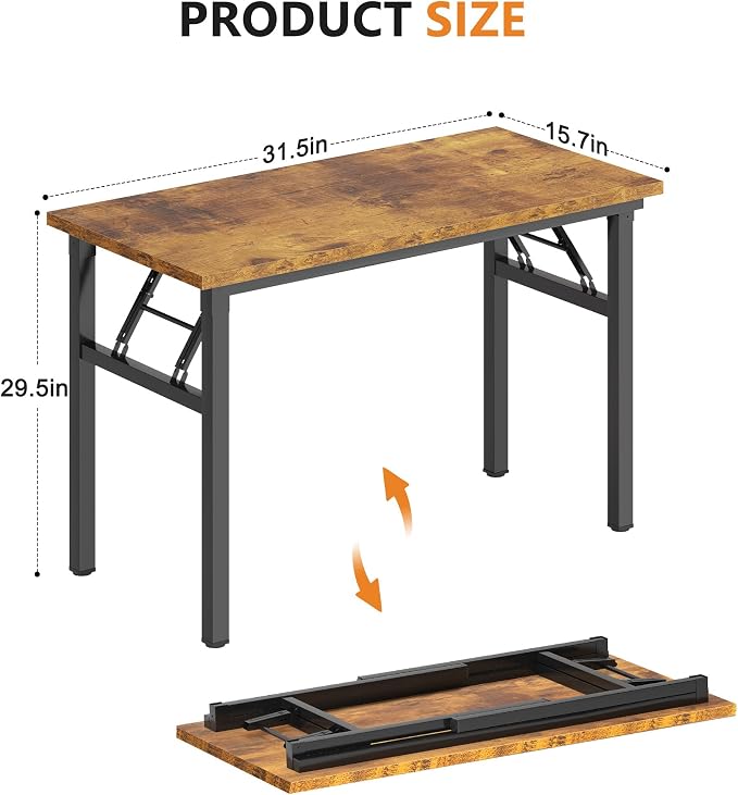 DlandHome 31.5 Inch Small Folding Computer Desk for Home Office, Retro | Foldable Writing Table for Small Spaces Bedroom, No Assembly Required, Wood Top Metal Frame, Collapsible Compact Easy Storage - Image 3