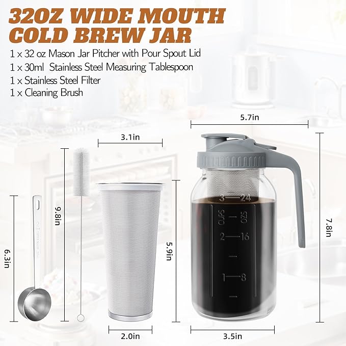 Cold Brew Coffee Maker, 32 oz Wide Mouth Mason Jar Pitcher with Stainless Steel Filter, Pour Spout Handle Lid, Heavy Duty Glass Airtight & Leak-Proof Pitcher for iced coffee & Tea Lemonade