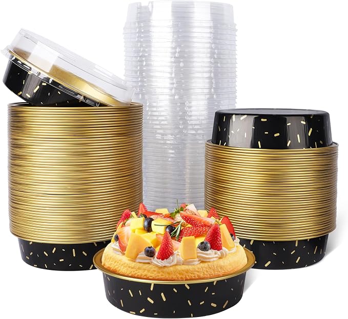 Beasea Pie Tins with Lids 8oz, 120 Pack 4 Inch Disposable Mini Creme Brulee Ramekins Gold Black Small Aluminum Foil Pie Tart Cake Baking Pans Individual Round Containers Oven Safe for Baking by Beasea