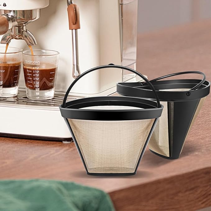 2Pcs Reusable No.4 Cone Coffee Filters, 8-12 Cup Gold Coffee Filter Basket Cone Shape Permanent Basket Filter Coffee Maker Filters for Cuisinart/Ninja Dual Brew Pro Reusable Coffee Filter
