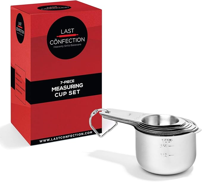 Last Confection 7pc Stainless Steel Measuring Cup Set - Includes 1/8 Cup Coffee Scoop - Measurements for Dry and Liquid Cooking & Baking Ingredients