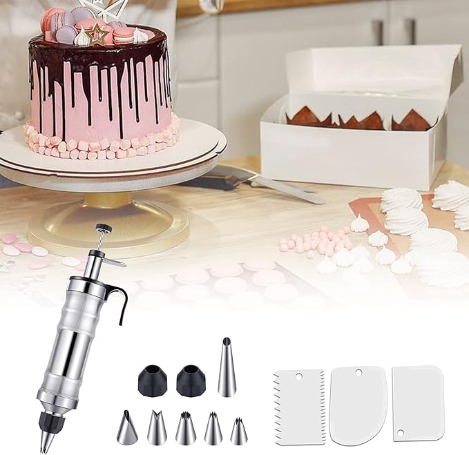 Dessert Decorating Syringe Set, Yellow Icing Decoration Set Stainless Steel Cupcake Injector/Decorating Icing Set with 6 Nozzle, 3 Scrapers, 2 Brushes for Baking Biscuit Cake Decoration (Black)