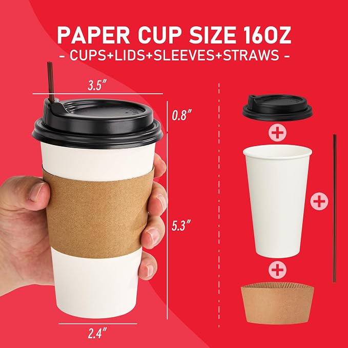 16 oz 100 Pack Coffee Cups with Lids, Sleeves and Stirring Sticks, Hot Paper Coffee Cups with Lids, To Go Cups with Lid for Coffee, Tea, Hot Chocolate, Ideal for Cafes, Offices and Travel - Image 2
