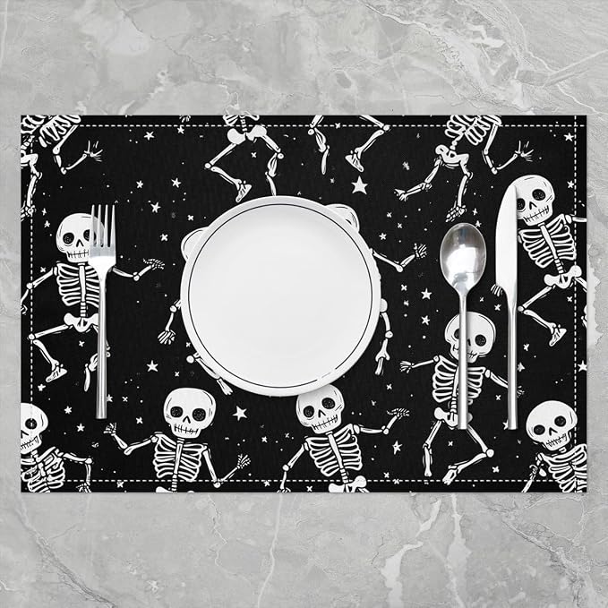 Feelyou Happy Halloween Placemats Set of 4 Sugar Skull Table Mats for Party Kitchen Dining Decoration Black White Gray Place Mat for Table Holiday Decor Indoor Outdoor 18"x12" Non-Slip Easy to Clean - Image 2
