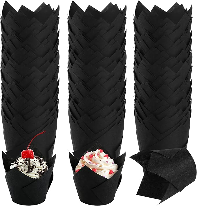 150 Pcs Mini Cupcake Liners Muffin Liners Baking Cups | Tulip Cupcake Liner for Baking Wedding, Birthday, Baby Shower Parties, Black by Ruisita