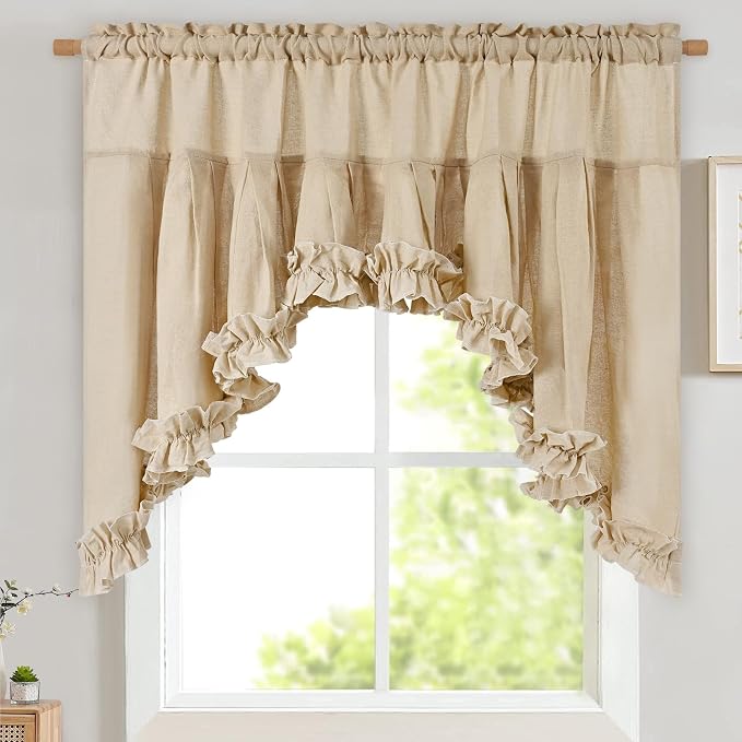 Likiyol Linen Valances for Windows Farmhouse Ruffle Swag Valance Rustic Country Window Valances Light Filtering Kitchen Curtains Rod Pocket Valance Curtains for Bathroom Cafe, Linen, 60" W x 36" L by Likiyol