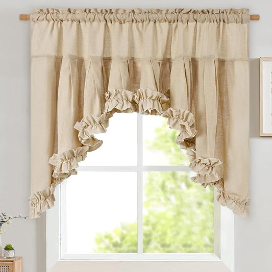 Likiyol Linen Valances for Windows Farmhouse Ruffle Swag Valance Rustic Country Window Valances Light Filtering Kitchen Curtains Rod Pocket Valance Curtains for Bathroom Cafe, Linen, 60" W x 36" L by Likiyol