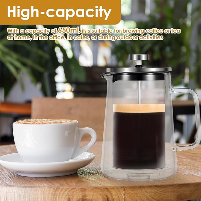 350/650/1000ml French Press Coffee Maker, Double Wall Glass French Press, Clear French Press Tea Maker, Multifunctional Coffee Press Coffee Maker for Home Office (1000ML)
