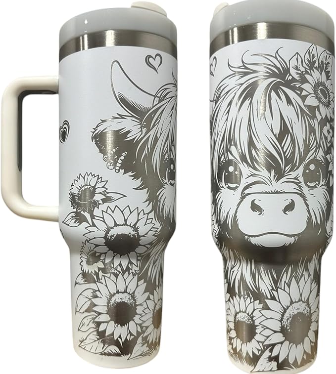 Western Engraved 40oz Tumbler, Tumbler with handle, Cowgirl Tumbler, Country Mug with Handle (White-Sunflower cow)