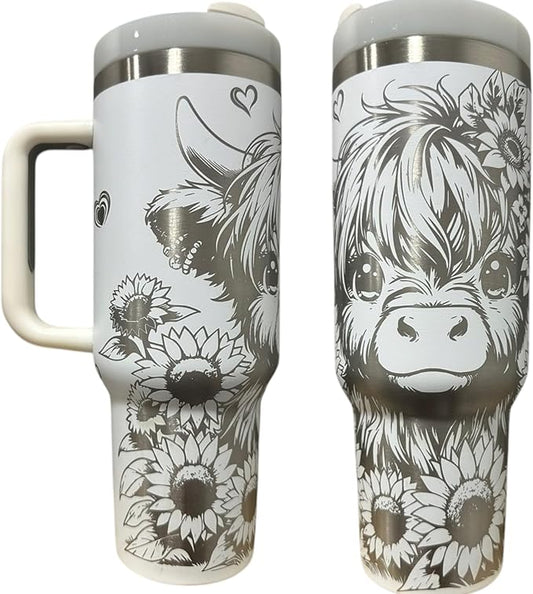 Western Engraved 40oz Tumbler, Tumbler with handle, Cowgirl Tumbler, Country Mug with Handle (White-Sunflower cow)