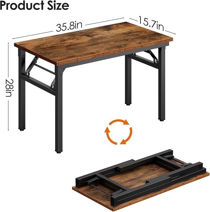 DlandHome 35.8 Inch Small Folding Computer Desk for Home Office, Retro | Foldable Writing Table for Small Spaces Bedroom, No Assembly Required, Wood Top Metal Frame, Collapsible Compact Easy Storage - Image 3