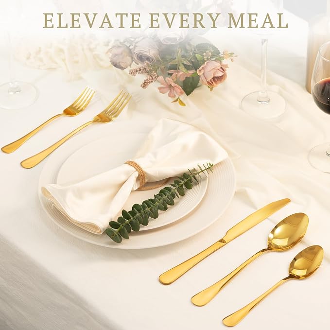 Astercook Silverware Set 48-Piece Gold Flatware Set with Steak Knives Food-Grade Stainless Steel Cutlery Set for 8 Mirror Polished Utensils Set Include Spoons and Forks for Home Kitchen Restaurant - Image 2