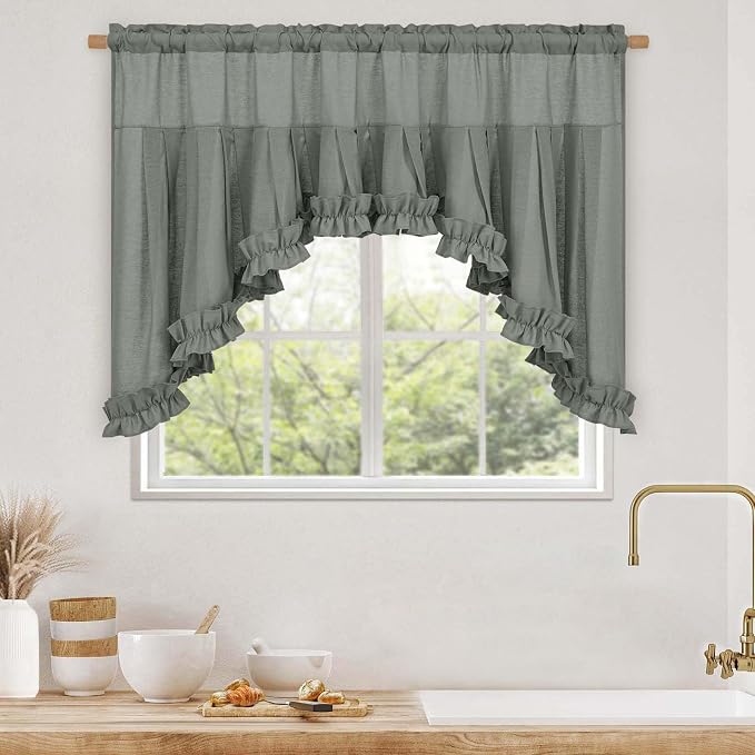 Likiyol Linen Valances for Windows Farmhouse Ruffle Swag Valance Rustic Country Window Valances Light Filtering Kitchen Curtains Rod Pocket Valance Curtains for Bathroom Cafe, Grey, 60" W x 36" L - Image 3