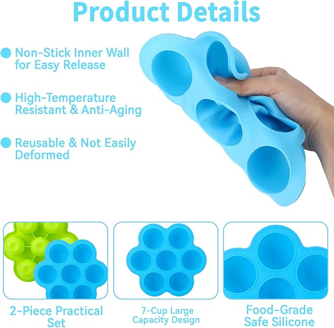 2 Pack Silicone Egg Bite Molds,Non-Stick 7 Cups Silicone Muffin Pans for Baking,Air Fryer Accessories for Baking Egg Bite, Cupcake, Tart, Bread(Blue & Green)