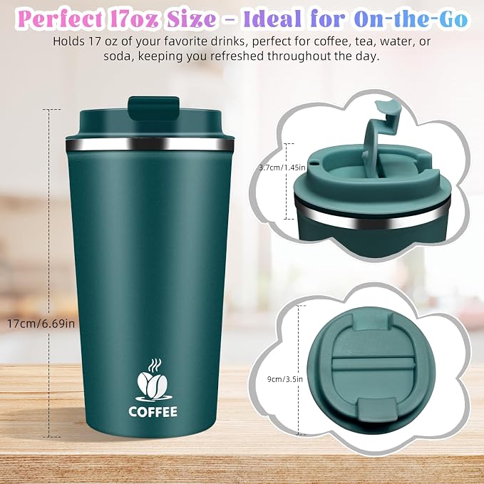 17oz Insulated Travel Coffee Mug with Flip Lid – Leakproof Stainless Steel Insulated Coffee Tumblers, Reuable Coffee Cup for Hot & Cold Drinks, Perfect for Camping & On-the-Go - Image 2