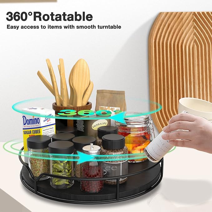 Lazy Susan Turntable Organizer with Anti-Slip Mat for Cabinet Pantry Kitchen Countertop Refrigerator Office, Pine Wood, 10", Black - Image 6